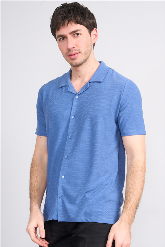 Mentality 4573 Erkek Apaş Yaka Kısa Kol Regular Örme Gömlek İndigo