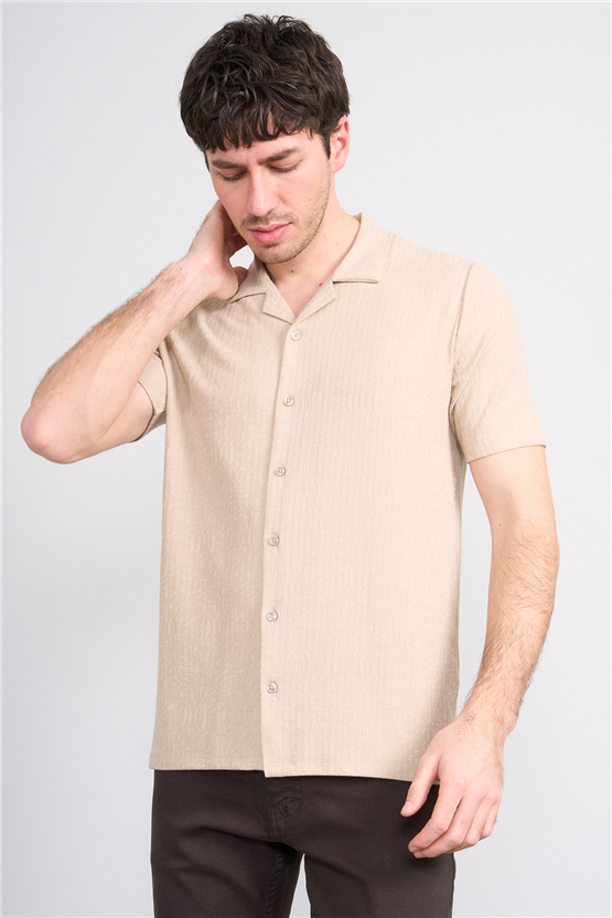 Mentality 4575 Erkek Apaş Yaka Kısa Kol Regular Örme Gömlek Taş