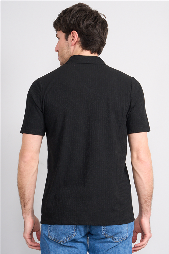 Mentality 4575 Erkek Apaş Yaka Kısa Kol Regular Örme Gömlek Siyah