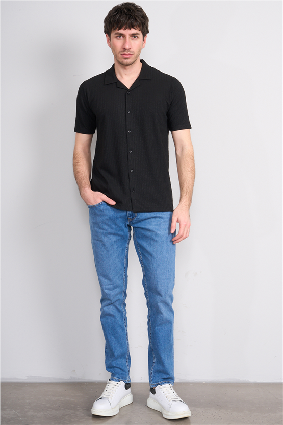 Mentality 4575 Erkek Apaş Yaka Kısa Kol Regular Örme Gömlek Siyah