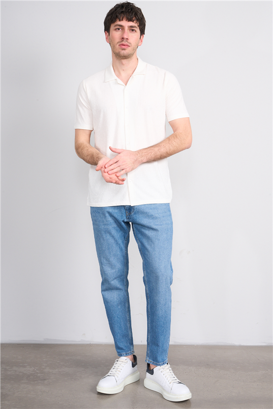 Mentality 4575 Erkek Apaş Yaka Kısa Kol Regular Örme Gömlek Beyaz