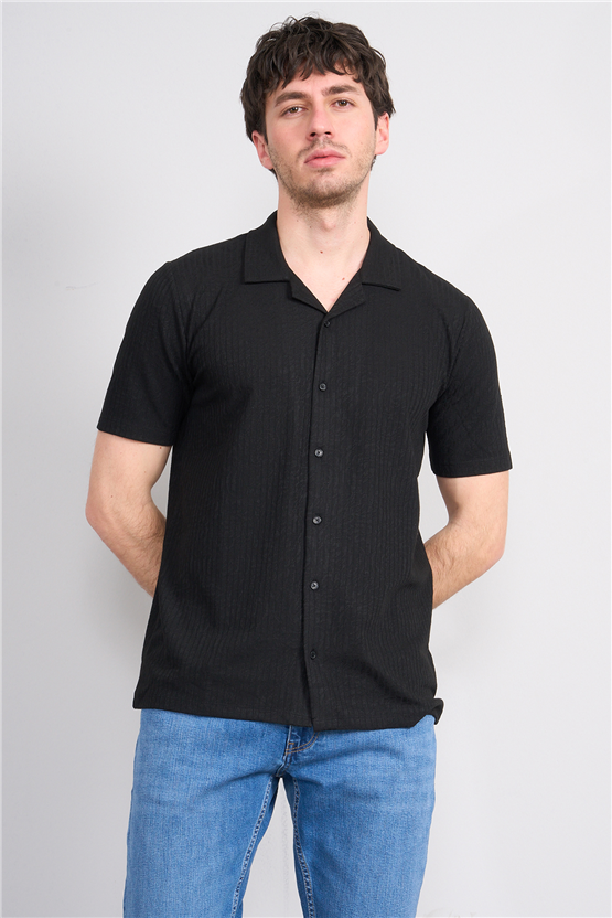 Mentality 4575 Erkek Apaş Yaka Kısa Kol Regular Örme Gömlek Siyah
