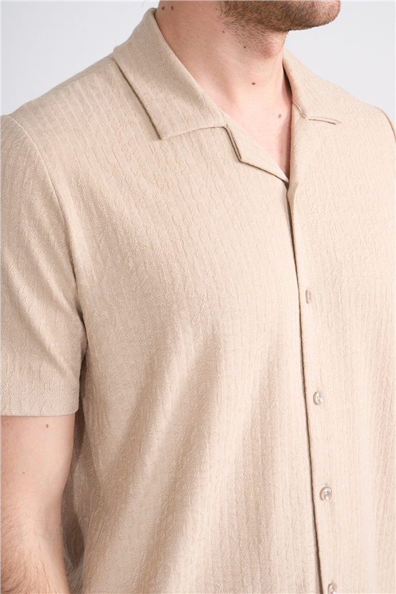 Mentality 4575 Erkek Apaş Yaka Kısa Kol Regular Örme Gömlek Taş