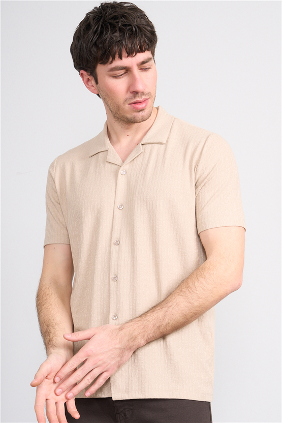 Mentality 4575 Erkek Apaş Yaka Kısa Kol Regular Örme Gömlek Taş