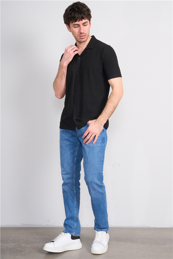 Mentality 4575 Erkek Apaş Yaka Kısa Kol Regular Örme Gömlek Siyah