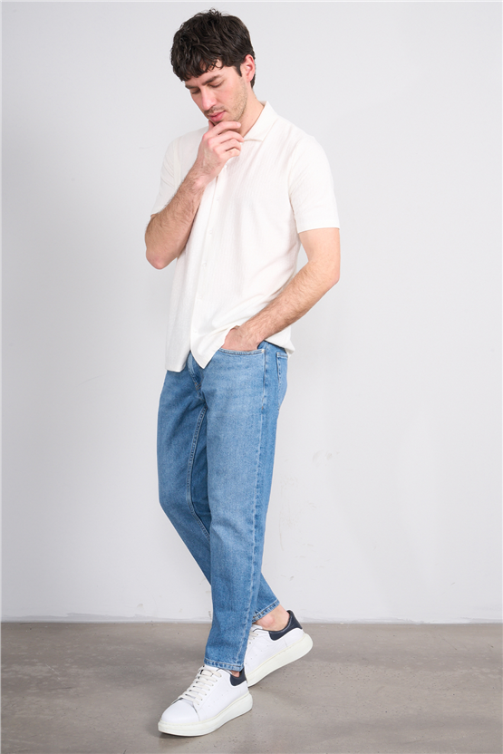 Mentality 4575 Erkek Apaş Yaka Kısa Kol Regular Örme Gömlek Beyaz