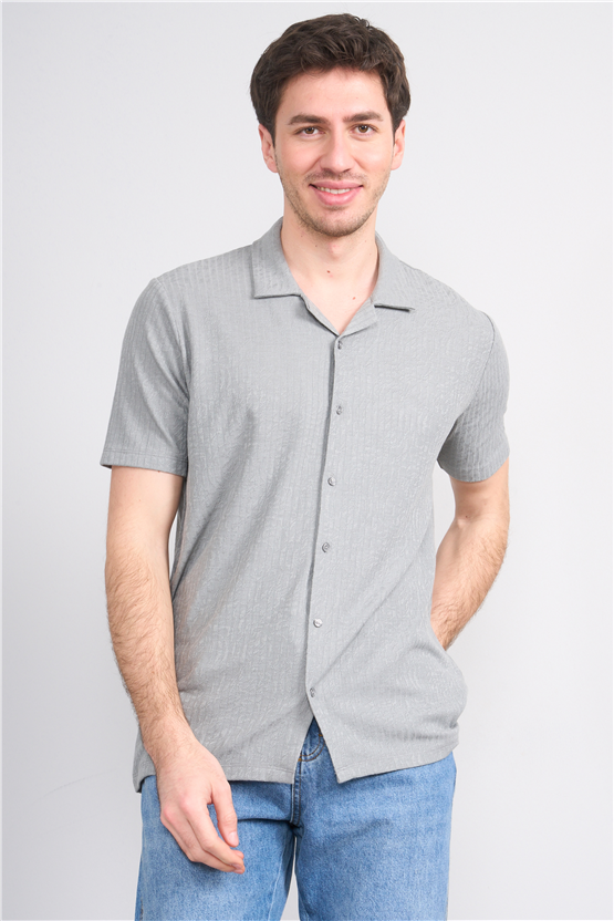 Mentality 4575 Erkek Apaş Yaka Kısa Kol Regular Örme Gömlek Gri