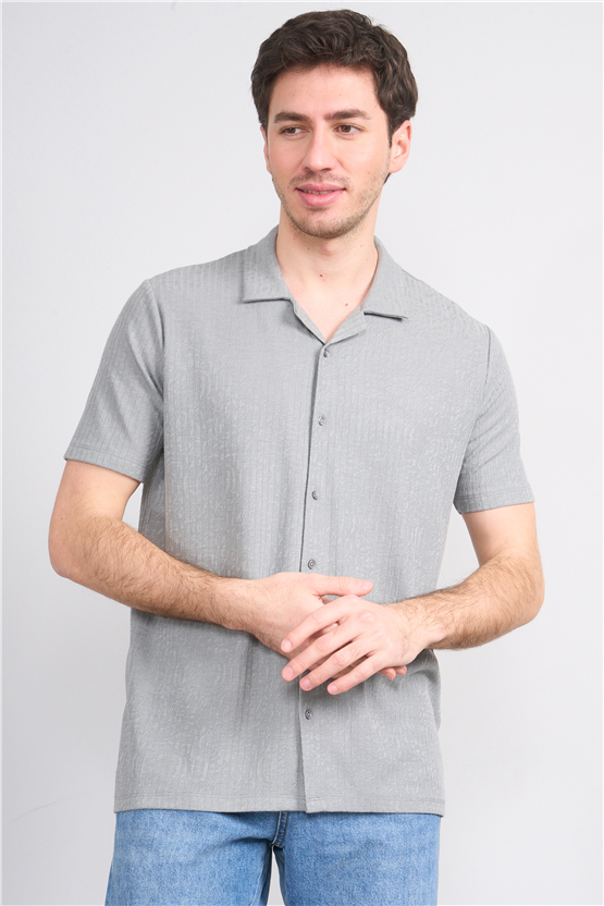 Mentality 4575 Erkek Apaş Yaka Kısa Kol Regular Örme Gömlek Gri
