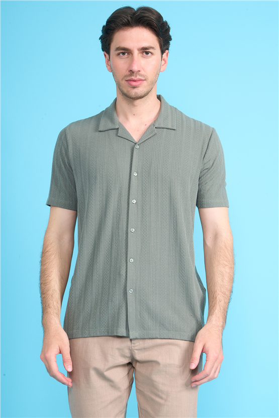 Mentality 4576 Erkek Apaş Yaka Kısa Kol Regular Örme Gömlek Haki