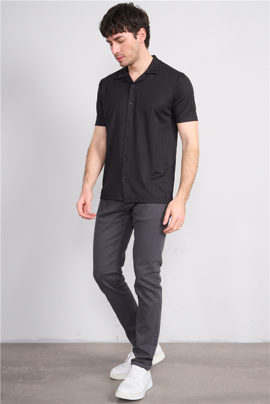 Mentality 4577 Erkek Apaş Yaka Kısa Kol Regular Örme Gömlek Siyah