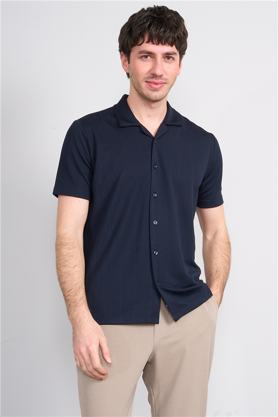 Mentality 4577 Erkek Apaş Yaka Kısa Kol Regular Örme Gömlek Lacivert