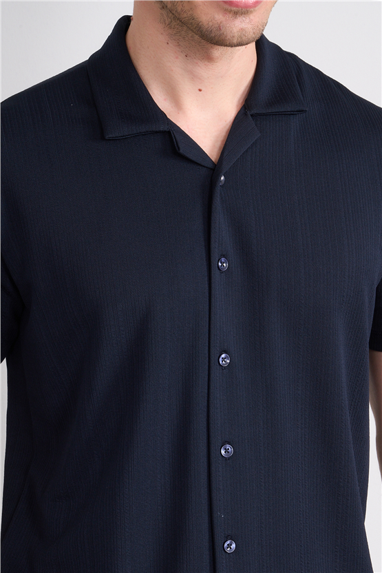 Mentality 4577 Erkek Apaş Yaka Kısa Kol Regular Örme Gömlek Lacivert