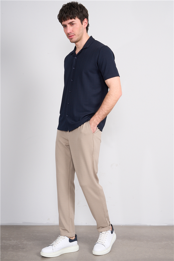 Mentality 4577 Erkek Apaş Yaka Kısa Kol Regular Örme Gömlek Lacivert