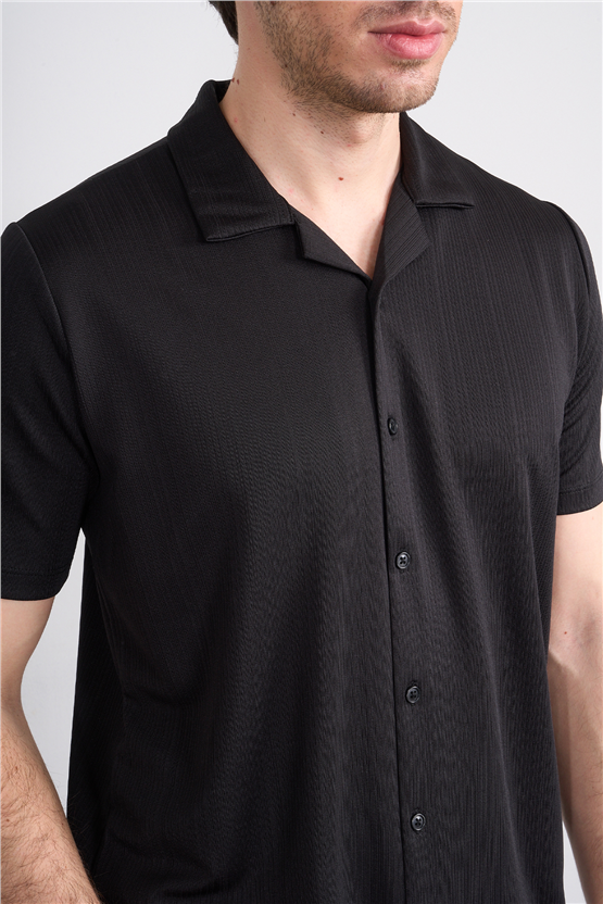 Mentality 4577 Erkek Apaş Yaka Kısa Kol Regular Örme Gömlek Siyah