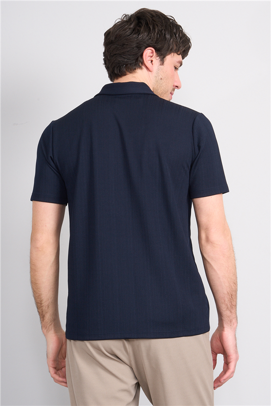 Mentality 4577 Erkek Apaş Yaka Kısa Kol Regular Örme Gömlek Lacivert