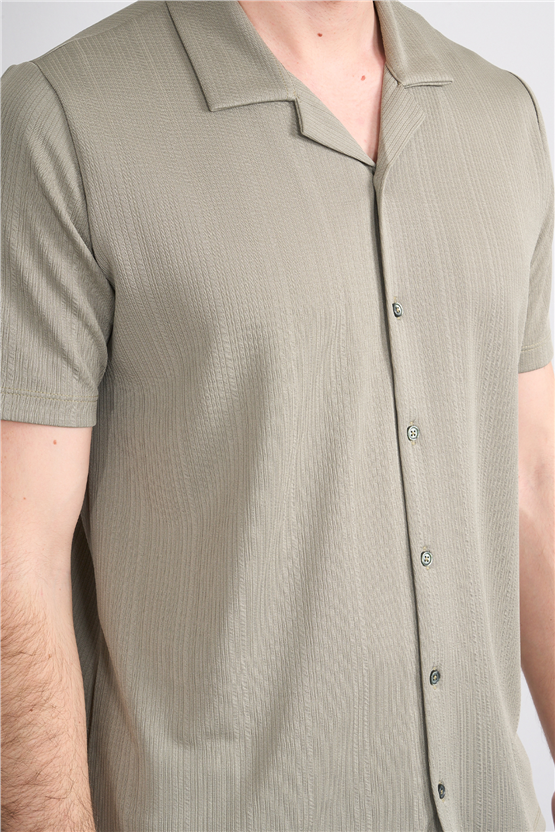 Mentality 4577 Erkek Apaş Yaka Kısa Kol Regular Örme Gömlek Haki