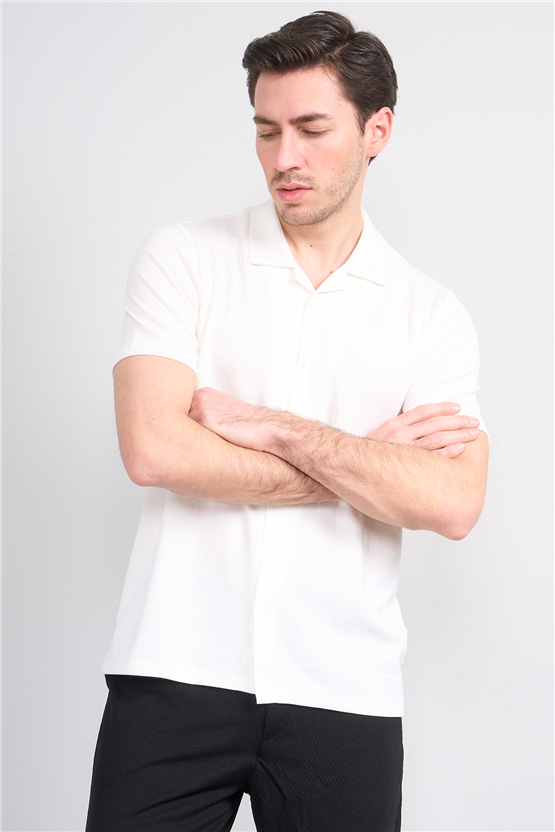 Mentality 4577 Erkek Apaş Yaka Kısa Kol Regular Örme Gömlek Beyaz