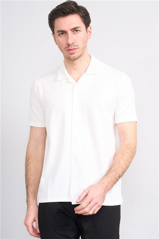 Mentality 4577 Erkek Apaş Yaka Kısa Kol Regular Örme Gömlek Beyaz