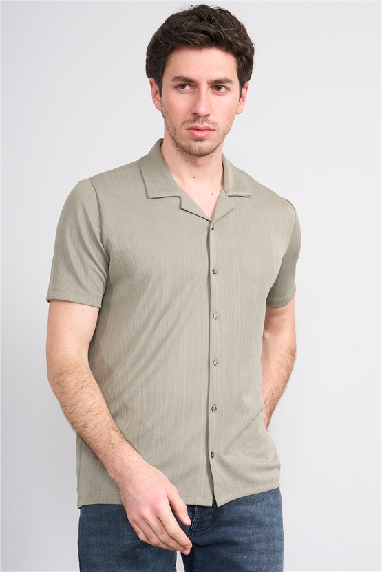 Mentality 4577 Erkek Apaş Yaka Kısa Kol Regular Örme Gömlek Haki