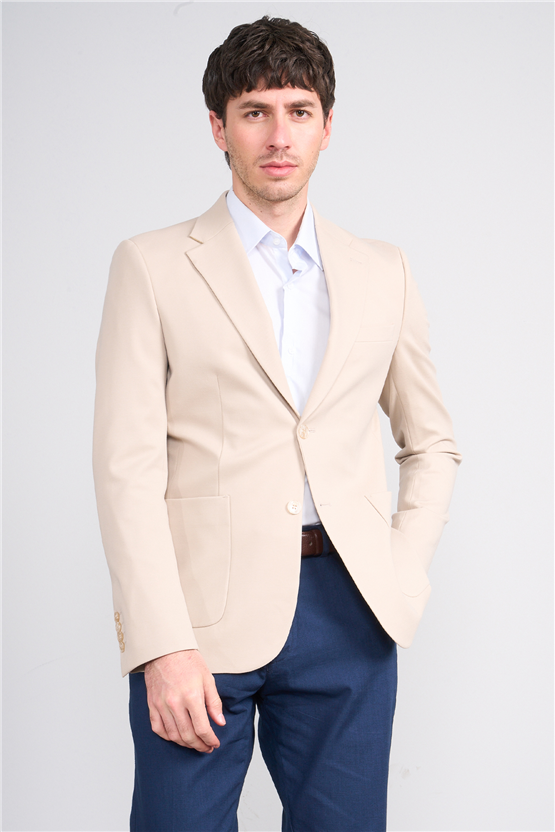 Mentality 4743 Erkek Mono Yaka Noa Desenli Örme Slimfit Tek Ceket Açık Bej