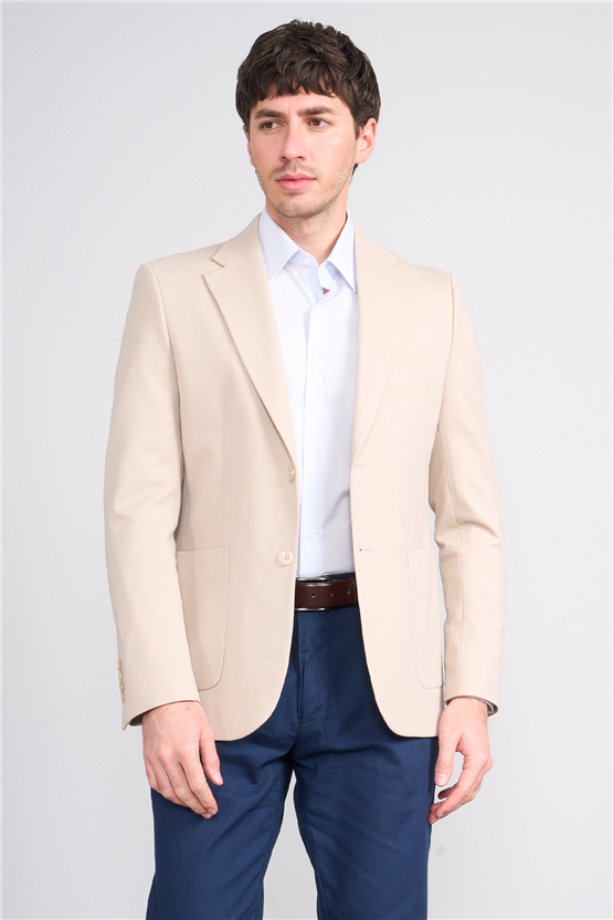 Mentality 4743 Erkek Mono Yaka Noa Desenli Örme Slimfit Tek Ceket Açık Bej