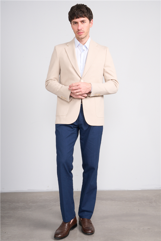 Mentality 4743 Erkek Mono Yaka Noa Desenli Örme Slimfit Tek Ceket Açık Bej