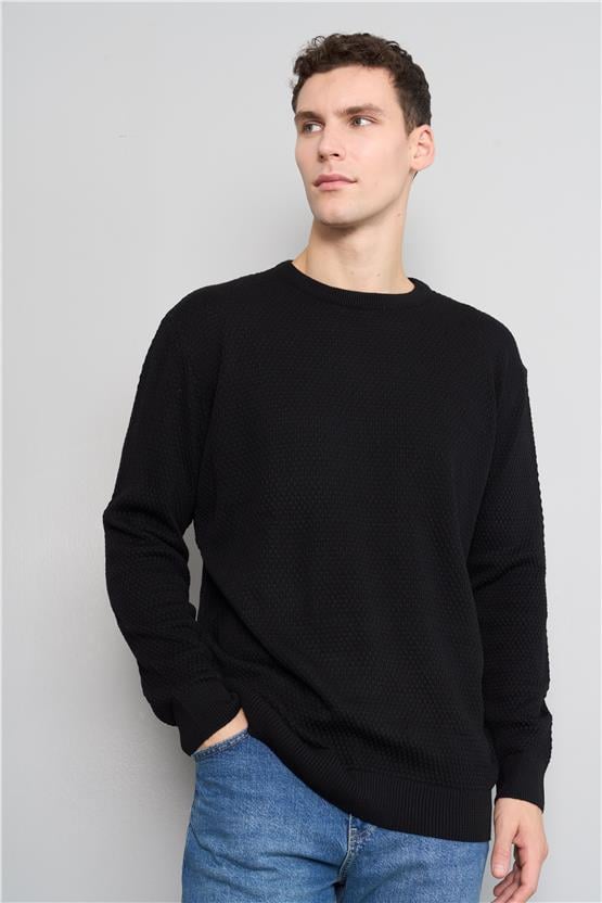 Mentality 5123 Erkek Bisiklet Yaka Petek Triko Siyah