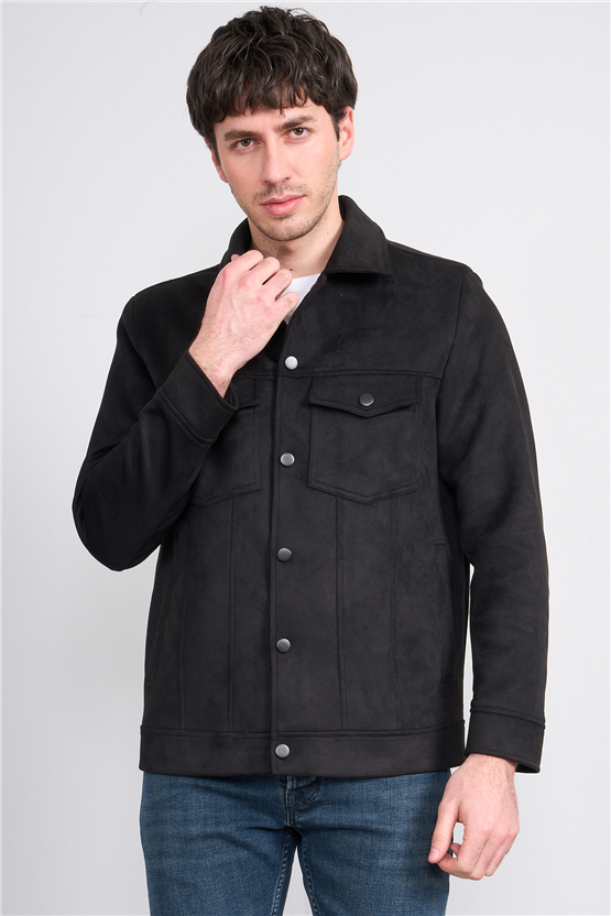 Mentality 7043 Erkek Düğmeli Cepli Regular Süet Ceket Siyah