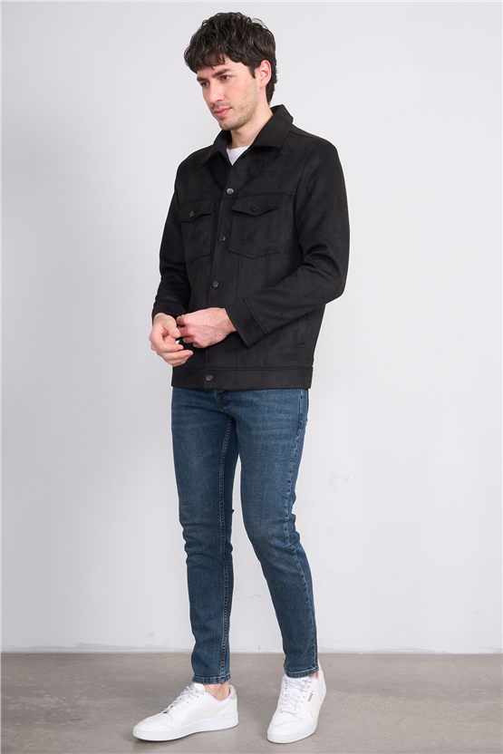Mentality 7043 Erkek Düğmeli Cepli Regular Süet Ceket Siyah
