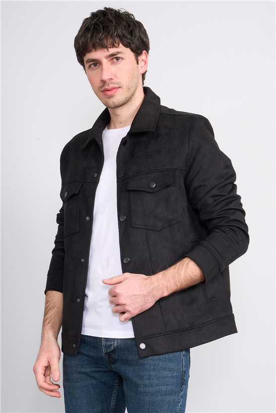 Mentality 7043 Erkek Düğmeli Cepli Regular Süet Ceket Siyah