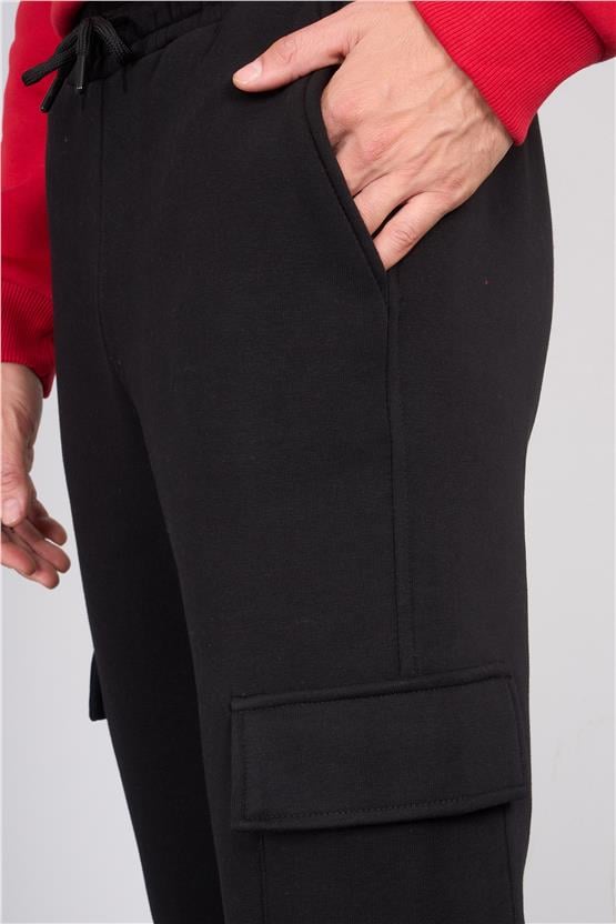 Mentality 823 Erkek 3 İplik Kargo Cep Eşofman Alt Siyah