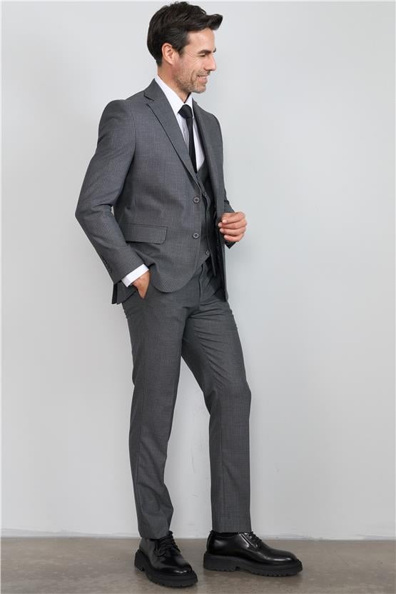 Mentality 9122 Erkek Mono Yaka Slim Fit Yelekli Takım Elbise Koyu Gri