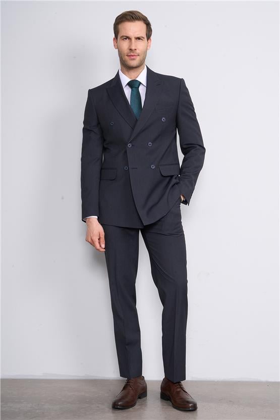 Mentality 9132 Erkek Kırlangıç Yaka Slim Fit Kruvaze Takım Elbise Lacivert