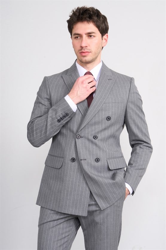 Mentality 9200 Erkek Mono Yaka Slimfit Kruvaze Takım Elbise Gri