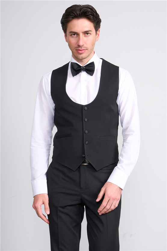Mentality 9228 Erkek Şal Yaka Slim Fit Loco Yelekli Takım Elbise Siyah