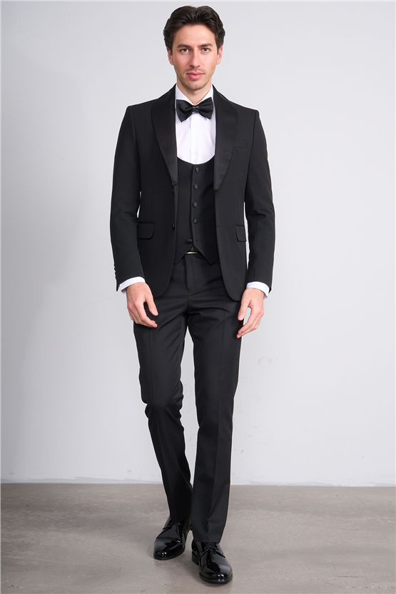 Mentality 9228 Erkek Şal Yaka Slim Fit Loco Yelekli Takım Elbise Siyah