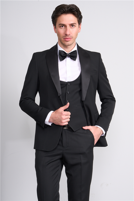 Mentality 9228 Erkek Şal Yaka Slim Fit Loco Yelekli Takım Elbise Siyah