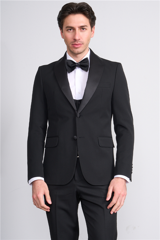 Mentality 9228 Erkek Şal Yaka Slim Fit Loco Yelekli Takım Elbise Siyah