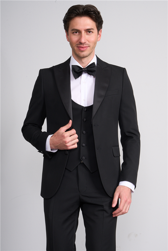 Mentality 9229 Erkek Kırlangıç Yaka Slim Fit Loco Yelekli Takım Elbise Siyah