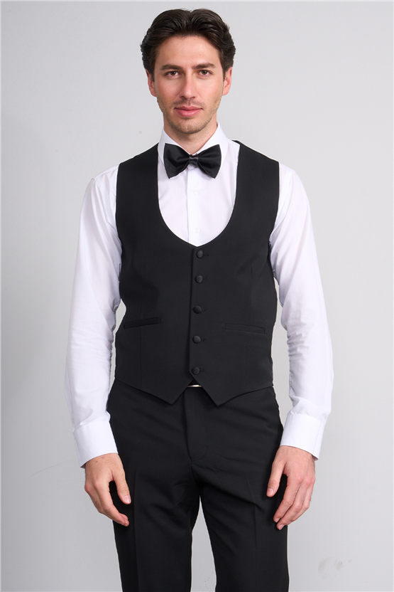 Mentality 9229 Erkek Kırlangıç Yaka Slim Fit Loco Yelekli Takım Elbise Siyah