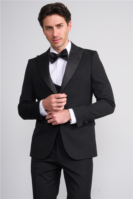 Mentality 9229 Erkek Kırlangıç Yaka Slim Fit Loco Yelekli Takım Elbise Siyah