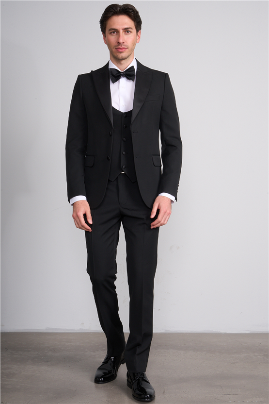 Mentality 9229 Erkek Kırlangıç Yaka Slim Fit Loco Yelekli Takım Elbise Siyah