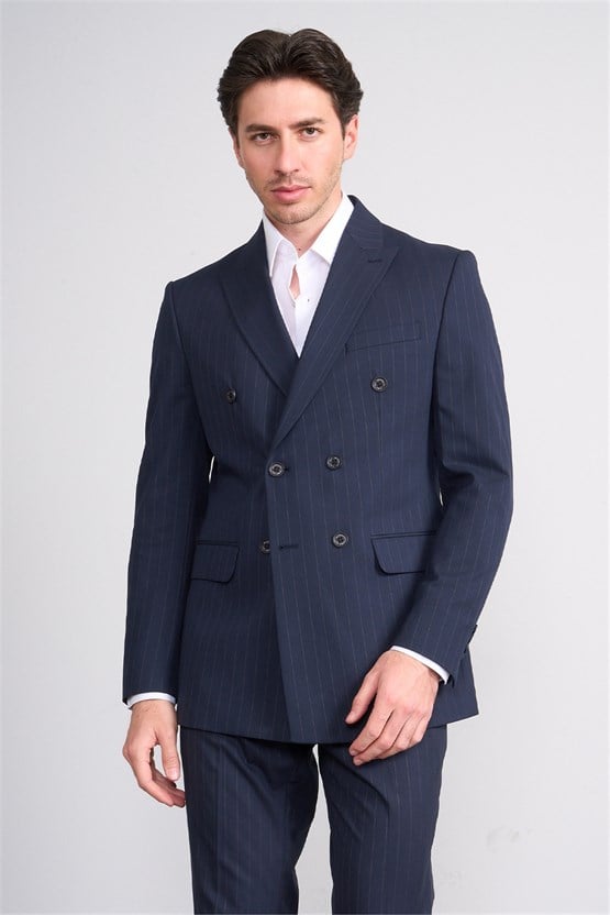 Mentality 9234 Erkek Kırlangıç Yaka Slim Fit Kruvaze Takım Elbise Lacivert