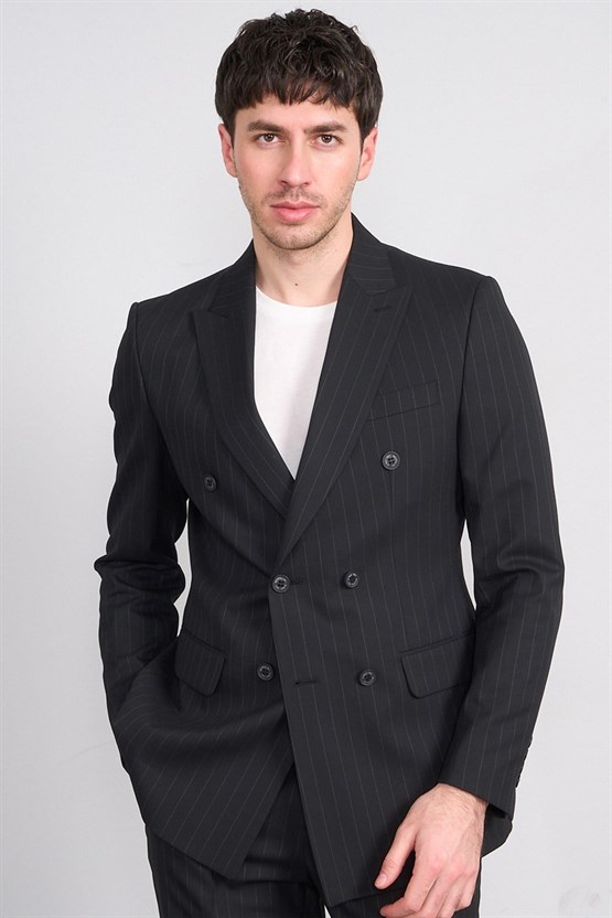 Mentality 9234 Erkek Kırlangıç Yaka Slim Fit Kruvaze Takım Elbise Siyah