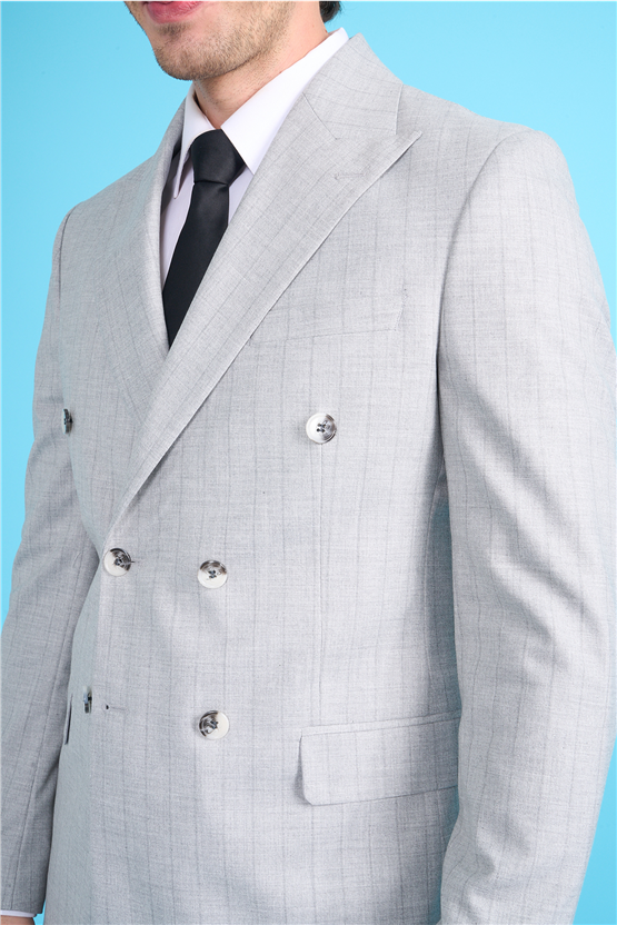 Mentality 9234 Erkek Kırlangıç Yaka Slim Fit Kruvaze Takım Elbise Açık Gri