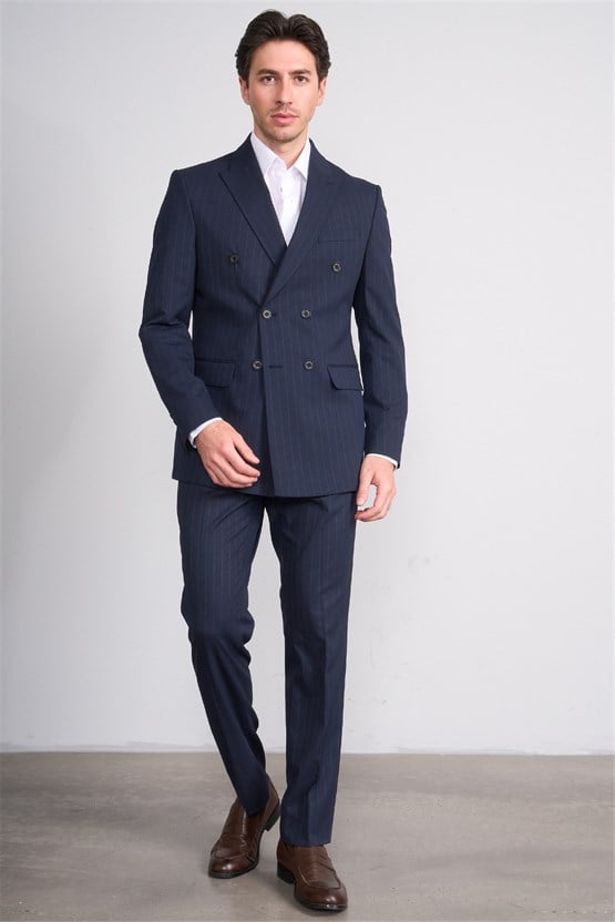 Mentality 9234 Erkek Kırlangıç Yaka Slim Fit Kruvaze Takım Elbise Lacivert