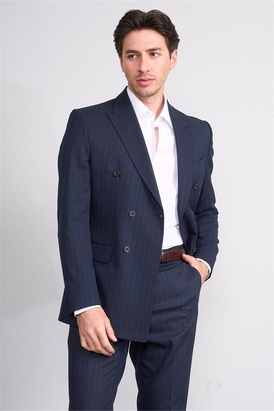 Mentality 9234 Erkek Kırlangıç Yaka Slim Fit Kruvaze Takım Elbise Lacivert