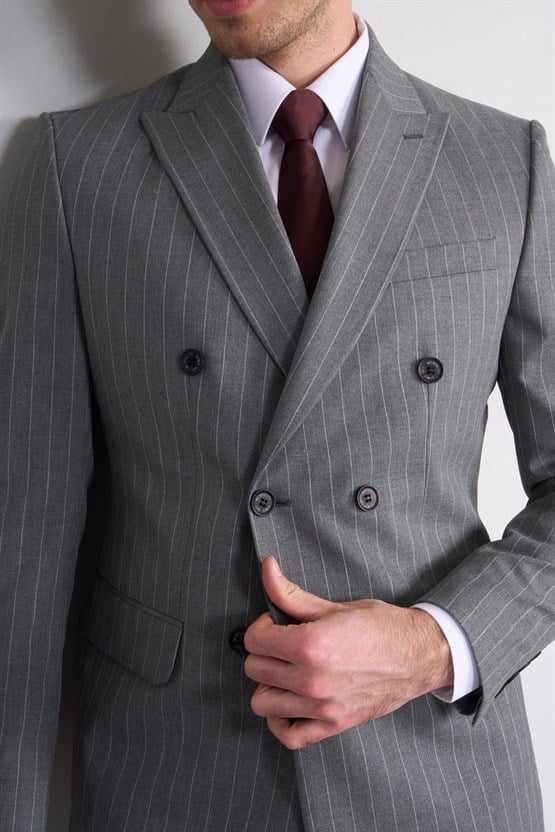 Mentality 9234 Erkek Kırlangıç Yaka Slim Fit Kruvaze Takım Elbise Gri