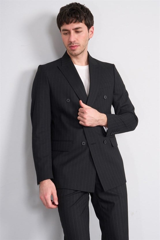 Mentality 9234 Erkek Kırlangıç Yaka Slim Fit Kruvaze Takım Elbise Siyah
