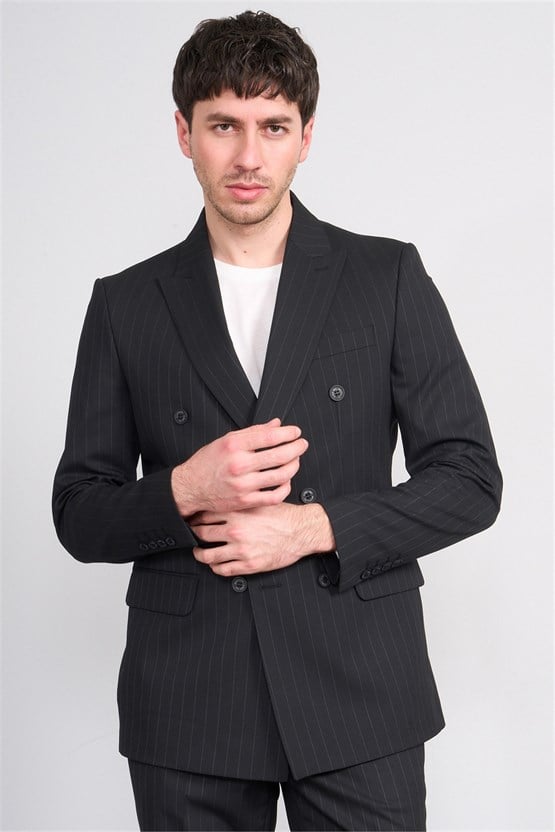 Mentality 9234 Erkek Kırlangıç Yaka Slim Fit Kruvaze Takım Elbise Siyah